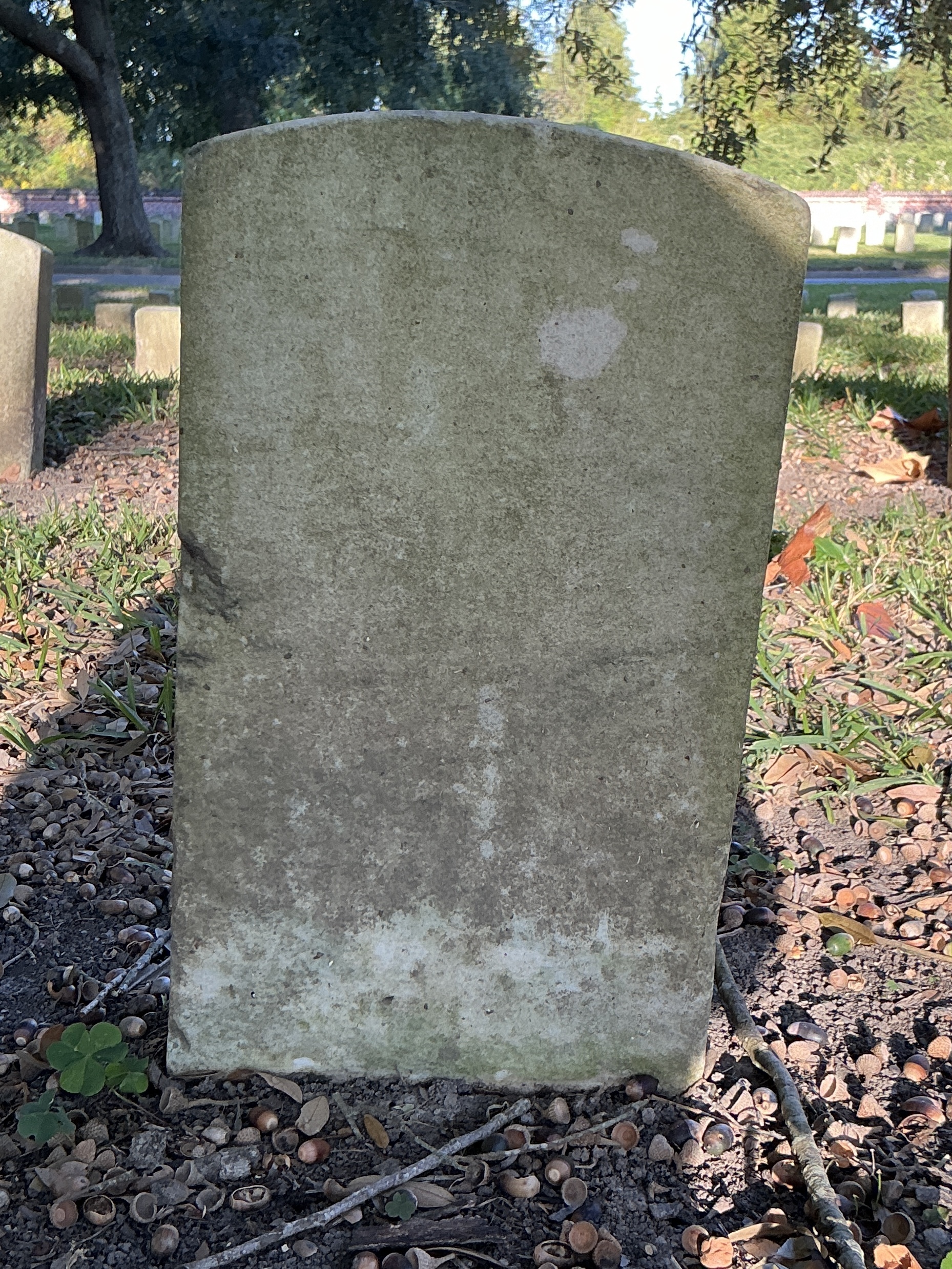 Back of historic upright marble headstone with recessed shield face.