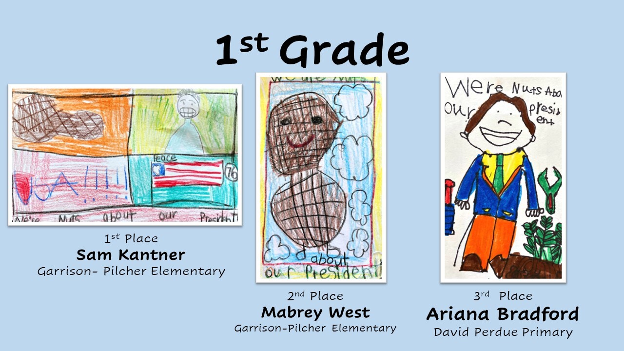 Text at the top of the background reads: 1st Grade
Left postcard: A postcard divided into four squares. Upper left square has a horizontal peanut. Upper right square has a smiling figure. Lower left square has text that reads: USA!!!!!, Lower right square has an American flag. Text against a background, reads: We’re nuts about our President. Below the text reads: 1st Place Kanther, Garrison-Pilcher Elementary
Center postcard: A postcard with a background that has text at the top and bottom that reads: We’re nut about our President. A square has a drawing of a peanut. Against the background are five cloudlike outlines. Below is text that reads: 2nd Place West, Garrison-Pilcher Elementary.
Right postcard: At the top of the postcard is text that reads: We’re nuts about out President. A smiling person fills the center of the postcard. To the right is a patch of dirt with peanut plants coming up. Other peanut plants are in the background. Below is text that reads: 3rd Place Bradford, David Perdue Primary. 
