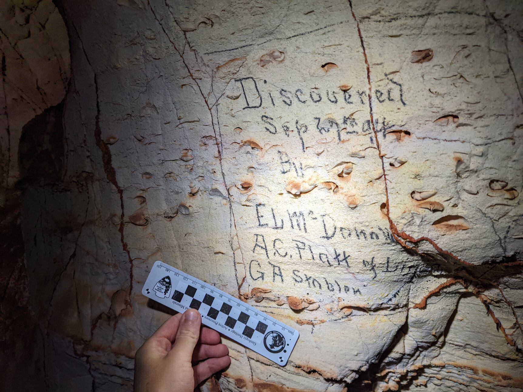 A cave surface with historic graffiti written between intervals with numerous brachiopod molds and casts. The graffiti reads "Discovered Sep 27th 94 by EL McDonald A.C. Platt of [illegible] GA Stoblem". A scale bar indicates the majority of the shells are around 2 centimeters (0.8 inches) at longest.