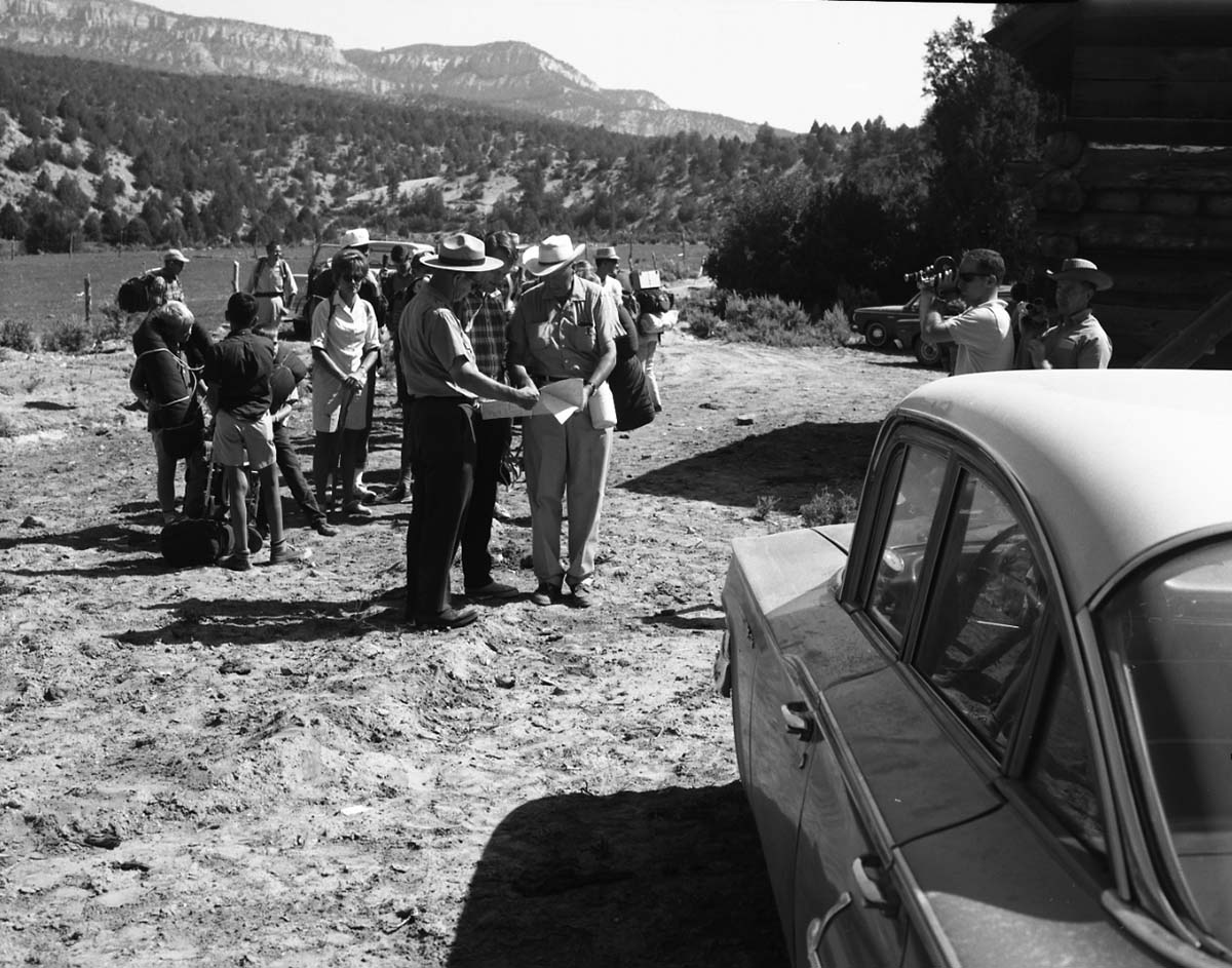 United State Representative King, his family, and Superintendent Hamilton at Bulloch's cabin on north fork of the Virgin River.