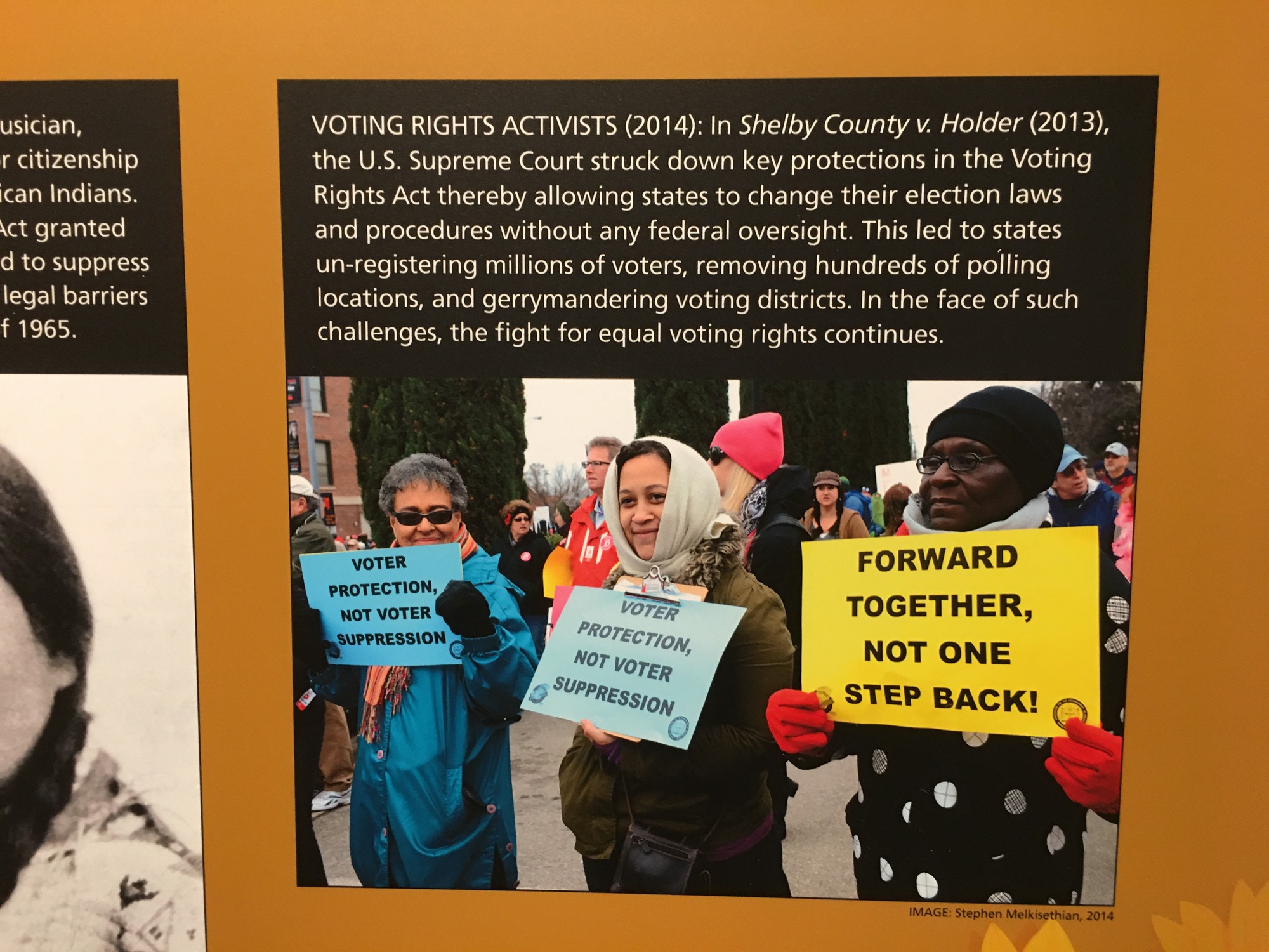 A photo of a group of people at a protest holding up bright and colorful signs urging, "Voter Protection, Not Voter Suppression," and "Forward Together, Not One Step Back!"