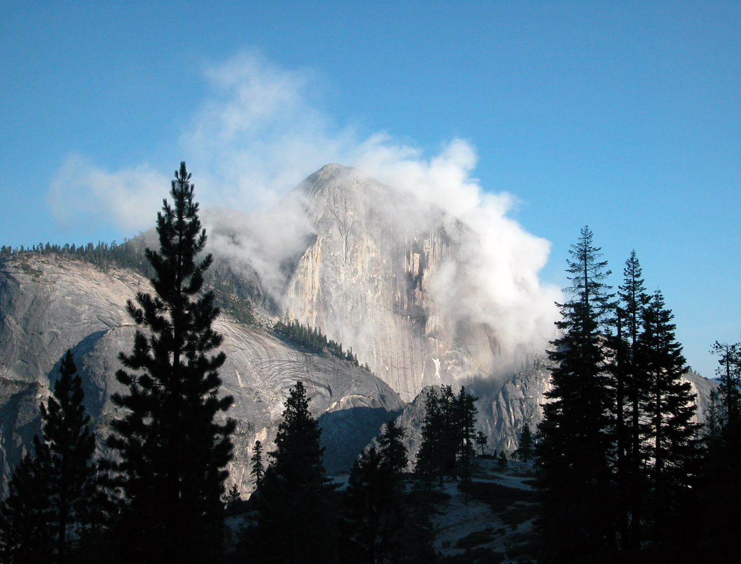 White rock fall dust clouds rise and partially obstruct the view of Half Dome from the northeast. Tree silhouettes frame Half Dome on both sides.