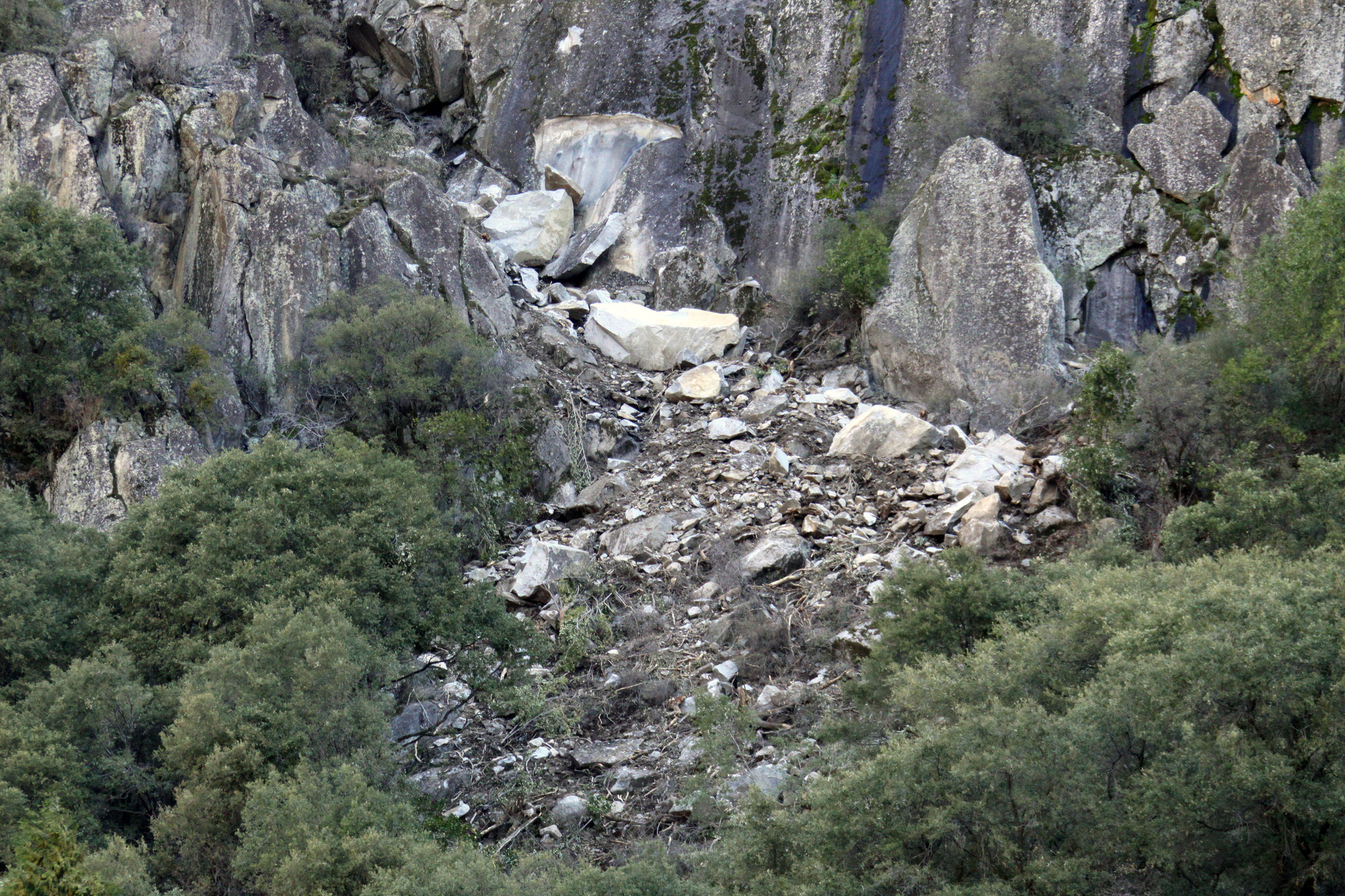 A close perspective of fresh rock slide debris in a gully between two rock cliffs. At the bottom of the gully the rock debris widens across the hillslope below.
