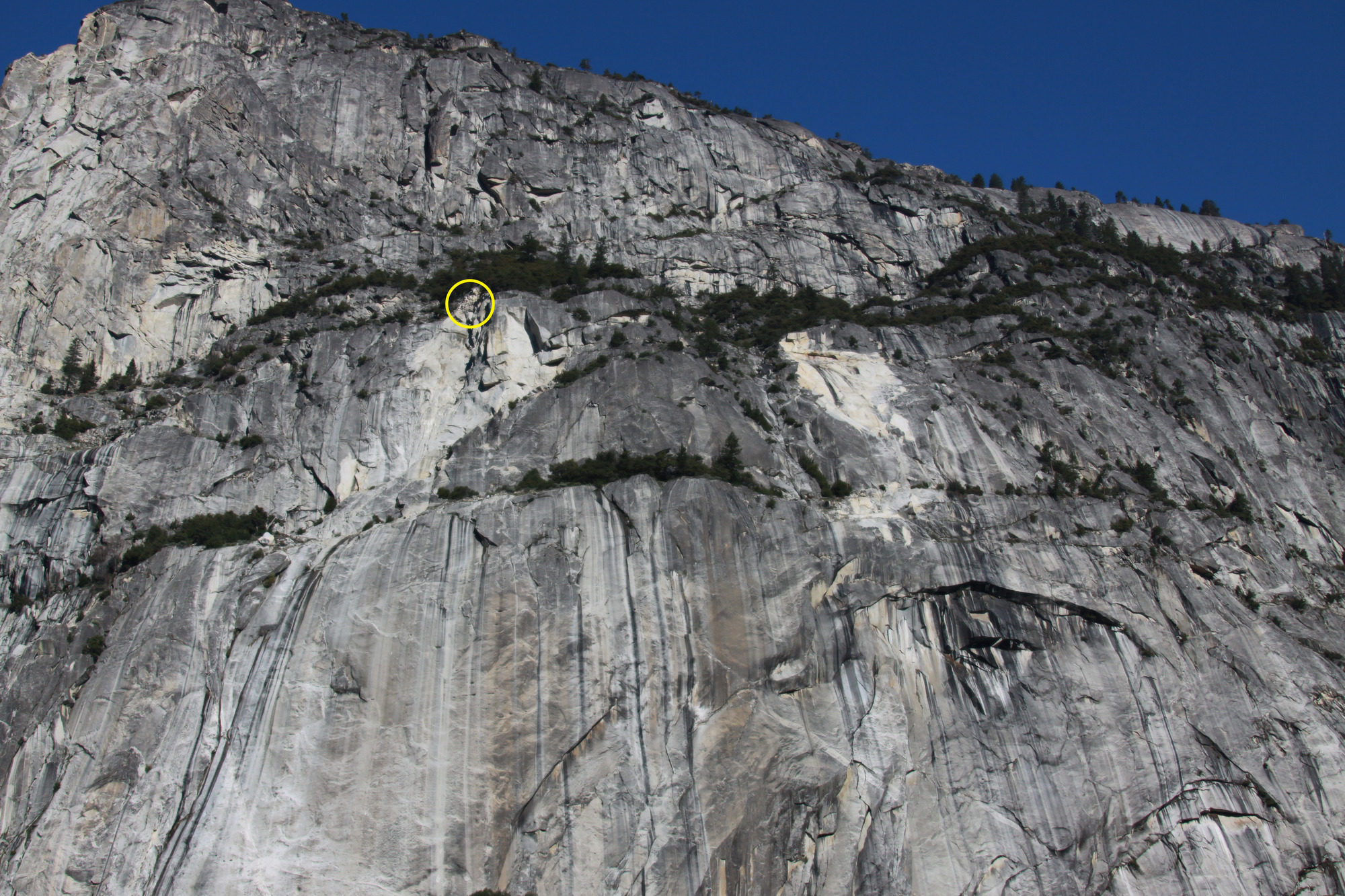An annotated photo of steep rock cliff indicating the rock fall source area location with a yellow circle.