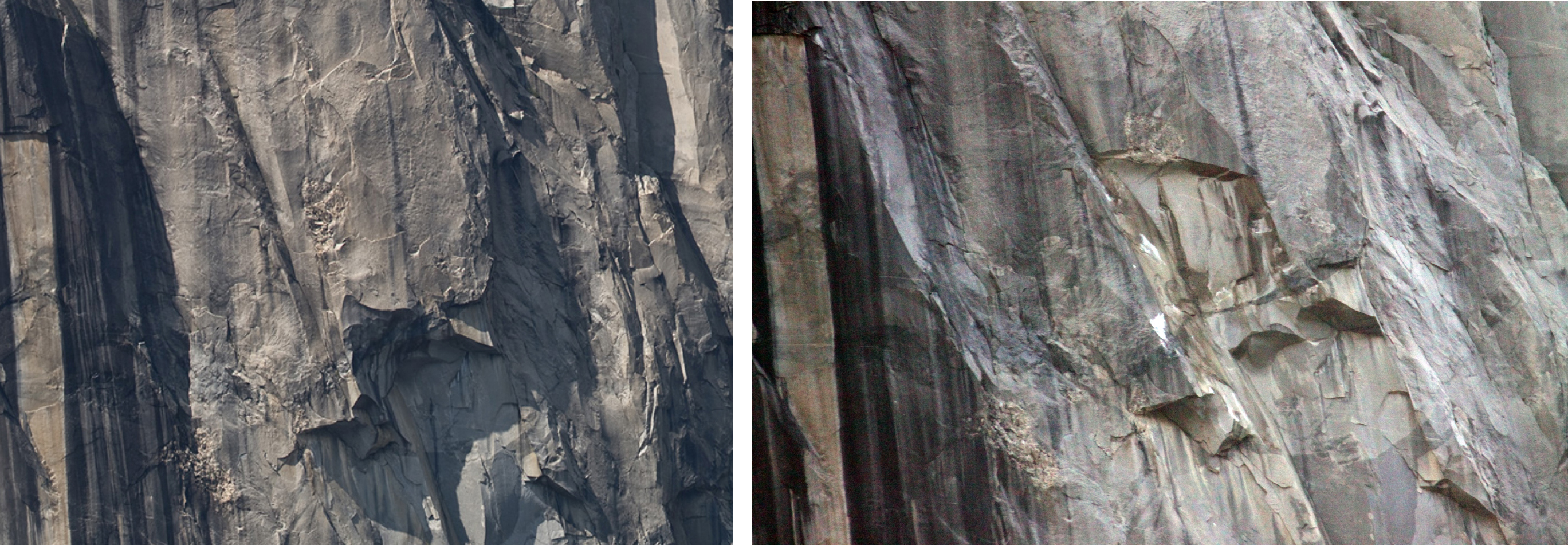 Before and after photos of a rock fall source area.