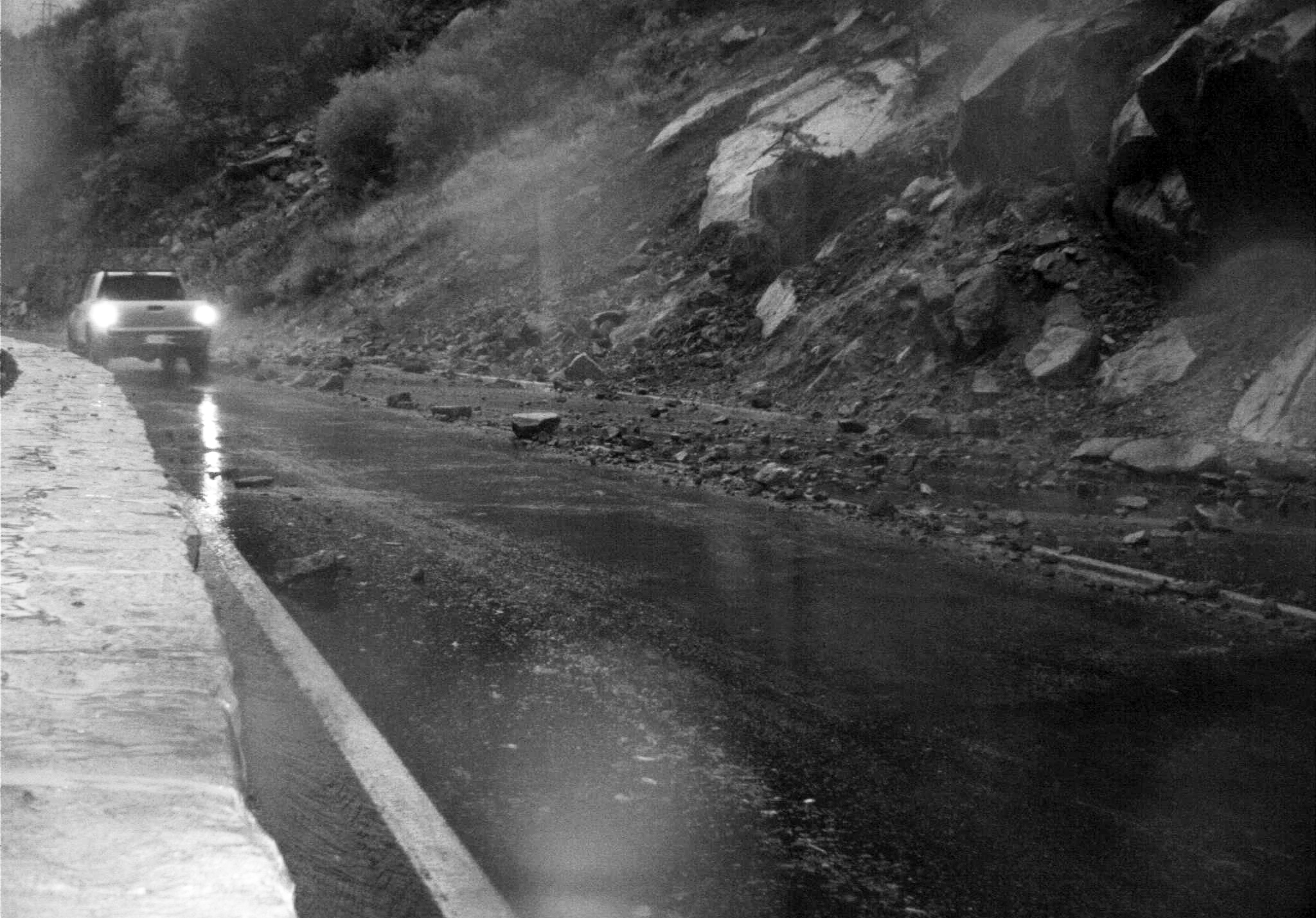 Rocky debris on the road below Parkline Slab.