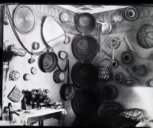 Basket collection of Mrs. Etta Grace (Wm.) Sell, Sr. Made in the Yosemite-Ahwahnee region. Photo courtesy of her daughter, Mrs. Elenor Sell Crooks. This portion of the collection was destroyed by fire.