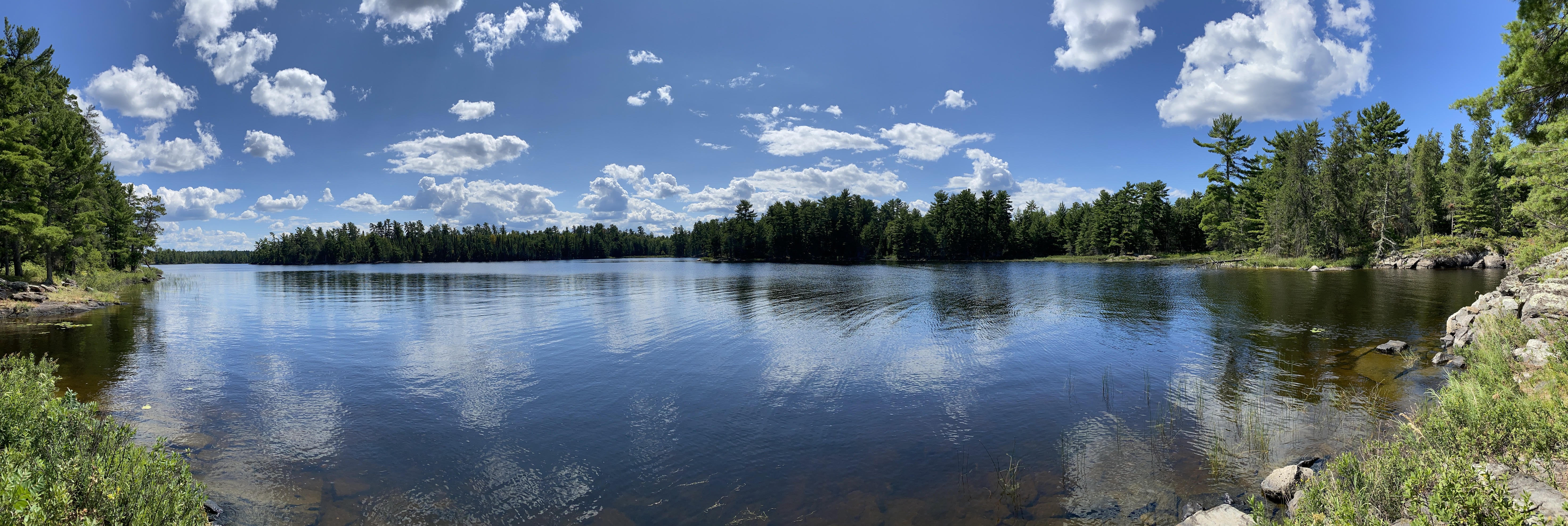 Panorama view from the houseboat site of the calm water surrounded by the tree covered shoreline.