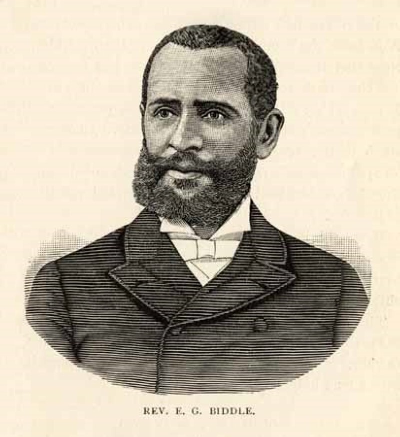 A drawing labeled Rev. E. G. Biddle shows an African-American man with a beard in a black coat and white shirt with a collar.