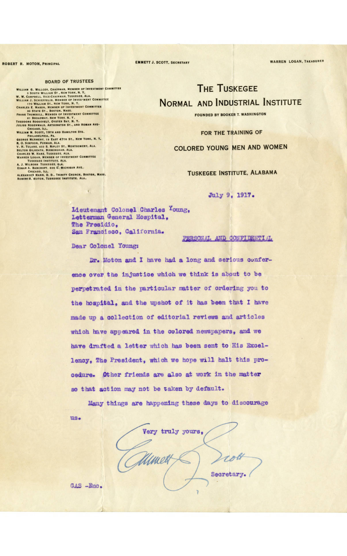 Letter from Emmett Scott to Charles Young expressing his desire to help Young get reinstated