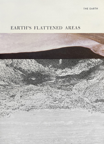 A silhouette of a hill on a faint red background. 
Below, black and white grainy upside-down mountain ranges 