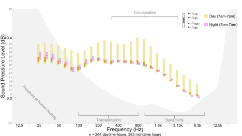Graph of Sound Pressure Level (dB) on y axis and Frequency (Hz) on x axis for day (yellow bars) and night (pink bars) time periods. 