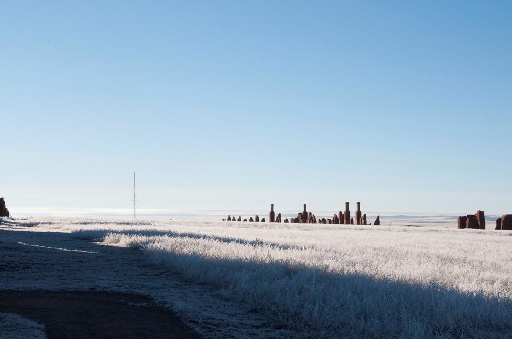 View of Officers Row from Depot Warehouses. Hoar frost covering the ground. 