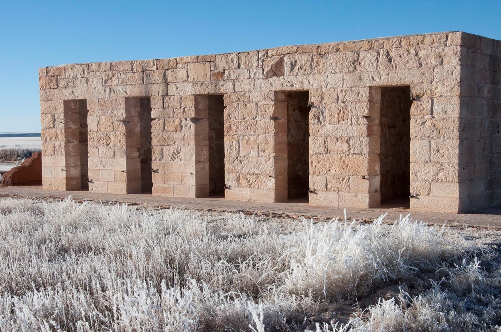 Fort Union Military Prison. Grass around prison covered in Hoar Frost
