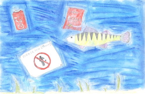 drawing of a fish swimming amidst litter
