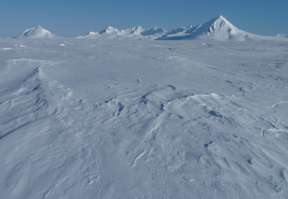 Wind swept snow across the Harding Icefield.