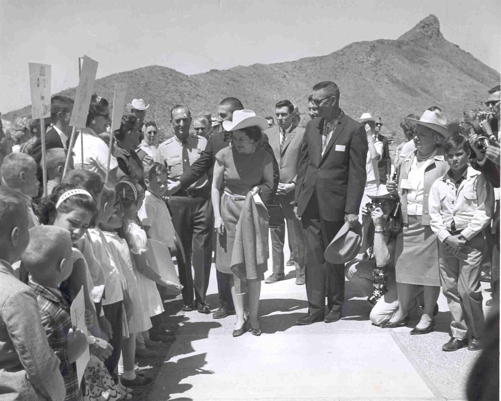 Lady Bird Johnson and Secretary of the Interior Stewart Udall arrive at Panther Junction.