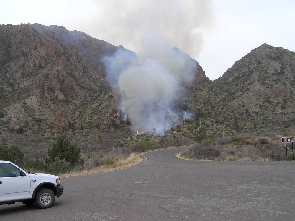 Overall view of fire area; the pass where the power and telephone line comes into the basin is clearly visible.