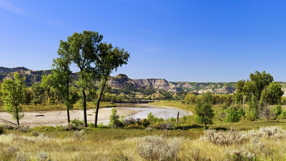 River winding through prairie grasses with cottonwood trees on the embankment and buttes in the backgorund.