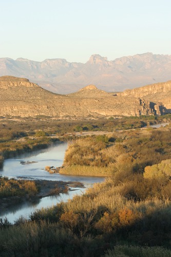 View of the Chisos Mountains from the RGV Nature Trail; this is one of the best sunset views in the park.
