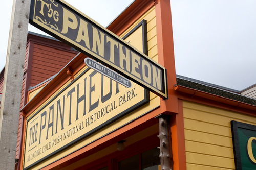 Close up of colorful building with signs reading "The Pantheon"