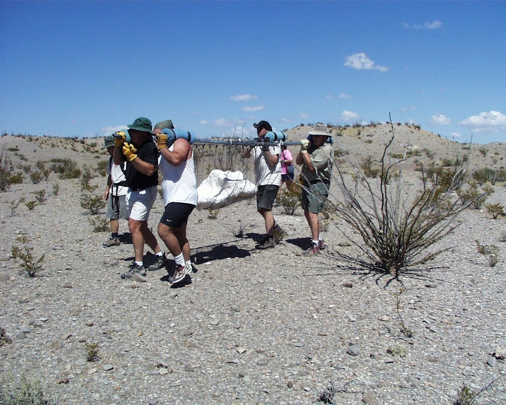 Carrying out a small bone (475 pounds). The fossil's location in a wilderness area makes transportation very challenging because motorized equipment and mechanized transport are generally prohibited in wilderness areas. Here, one of the smaller neck bones, weighing 475 pounds, is carried several miles to the nearest road. Three of the ten neck bones were carried out by hand during October 1999. The rest of the neck bones, too heavy to carry out, were reburied to protect them from vandalism, theft, and erosion, until Big Bend National Park employees and the researchers decided what to do next.