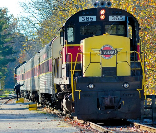 The Cuyahoga Valley Scenic Railway (CVSR) train pulls into a station
