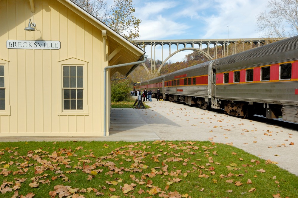 The Cuyahoga Valley Scenic Railroad (CVSR) train awaits passengers at Brecksville station.