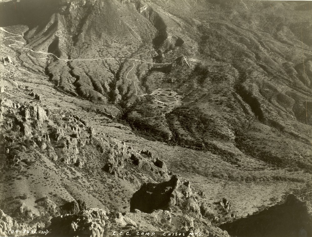 Detail view over Pulliam Ridge and into the Chisos Basin, showing the Civilian Conservation Corps camp.