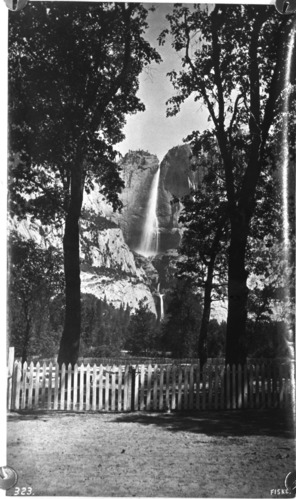 Old fence - Yosemite Falls in background. Original Fiske photo - #323.