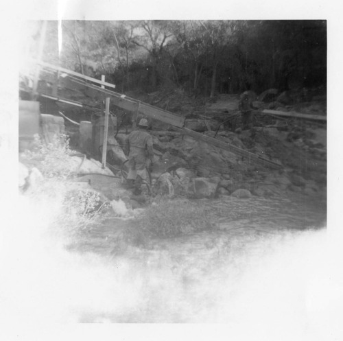BW photo of the construction/modification of the Canyon Junction Spillway on the Virgin River.