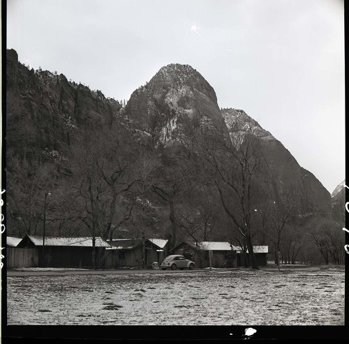 Zion Lodge cabins with Volkswagen in the image. Photo taken for 1975 Environmental Impact Statement (EIS).