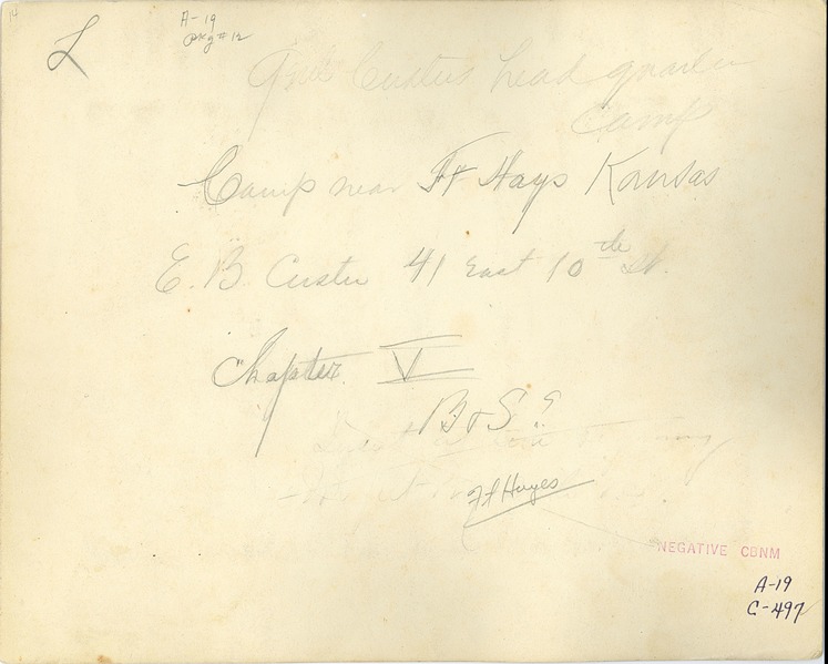 Group [Left to Right]: Unidentified 7th Cavalry Trooper, Lieutenant George Armstrong Custer, Dr. Dunbar, Elizabeth Bacon Custer, Lieutenant Thomas Ward Custer, Nettie Smith, Mary McIntosh, in Front of the Headquarters Tent at the 7th Cavalry Camp Near Fort