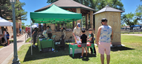 Tables and people under a green canopy with more people in front of a gazebo on a lawn, treen and blue sky in the background.
