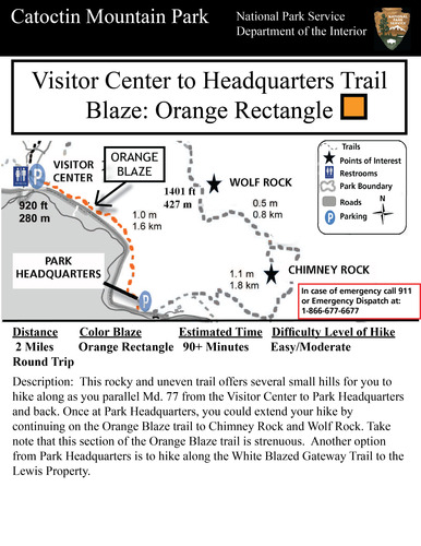 Map showing the hiking trail. The text on the map is as follows. 
Trail Name: Visitor Center to Park Headquarters Trail, Distance: 2 Miles, Color of Blaze: Orange Rectangle, Estimate Time: 90+ Minutes, Difficulty: Easy/Moderate, Description: This rocky and uneven trail offers several small hills for you to hike along as you parallel Md. 77 from the Visitor Center to Park Headquarters and back. Once at Park Headquarters, you could extend your hike by continuing on the Orange Blaze trail to Chimney Rock and Wolf Rock. Take note that this section of the Orange Blaze trail is strenuous. Another option from Park Headquarters is to hike along the White Blazed Gateway Trail to the Lewis Property.