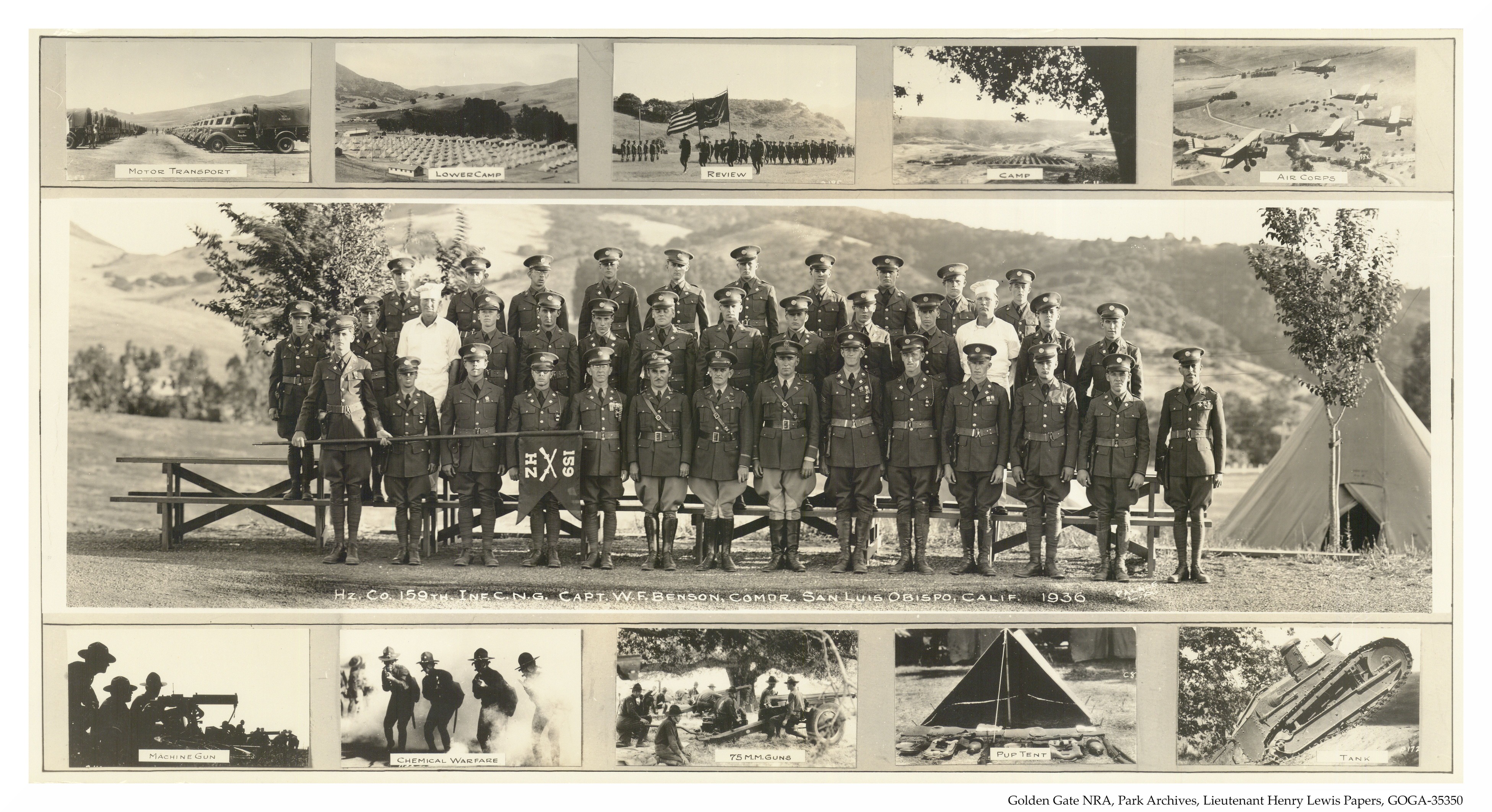 Grouping of photos taken at San Luis Obispo, California in 1936 including troop training maneuvers and various tactics and vehicles used. The middle panoramic is of the 159th Infantry tents and other normal military activities are included as well. 