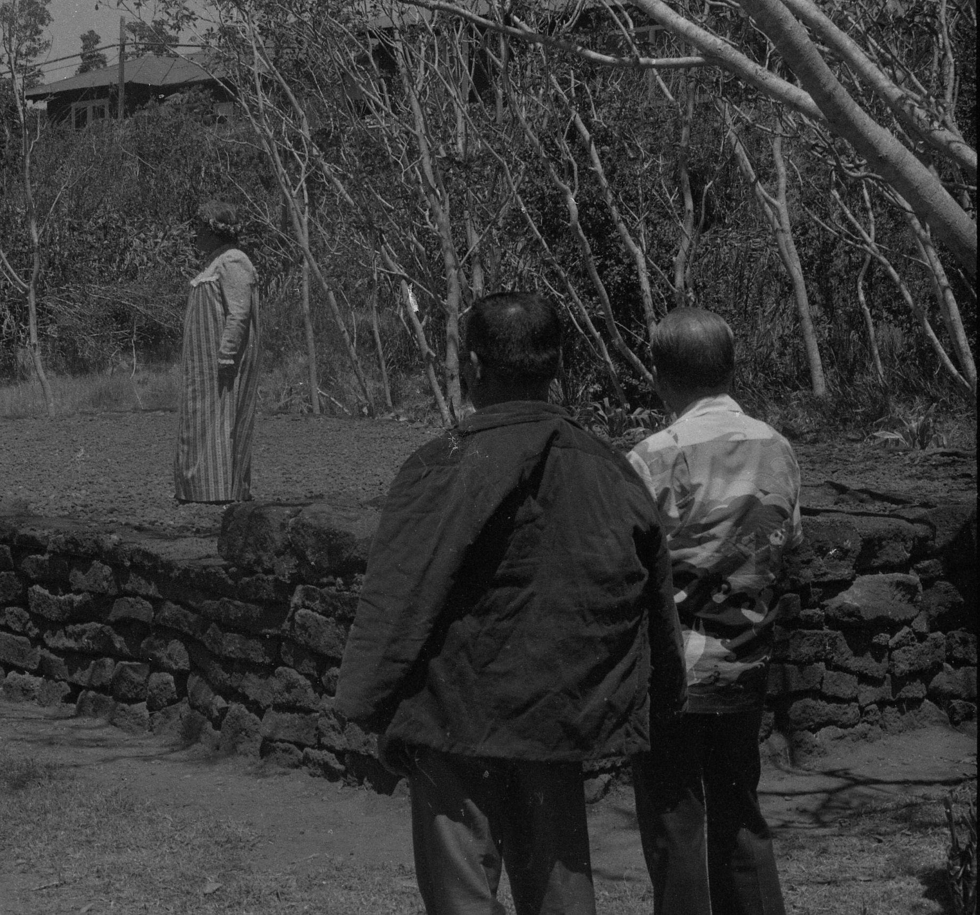 A black and white image of a woman on a raised platform performing. The woman is located towards the right side of the image. She is standing on a grass covered raised platform with a rock wall border. The woman is wearing a long sleeve dress with vertical stripes. She has a floral crown on her head and is looking towards the left side of the image. In the background there is a line of trees. Beyond the trees in the upper left corner of the images is a building, the roof is visible and a part of the front. Two men are located towards the center and right side of the image. Their backs are facing the camera. The man at the center of the image has a hoodless jacket draped around his shoulders and is wearing pants. The other man standing to the right of him is wearing a collared shirt with an ocean wave design and pants.  Both men are watching the woman on the platform.