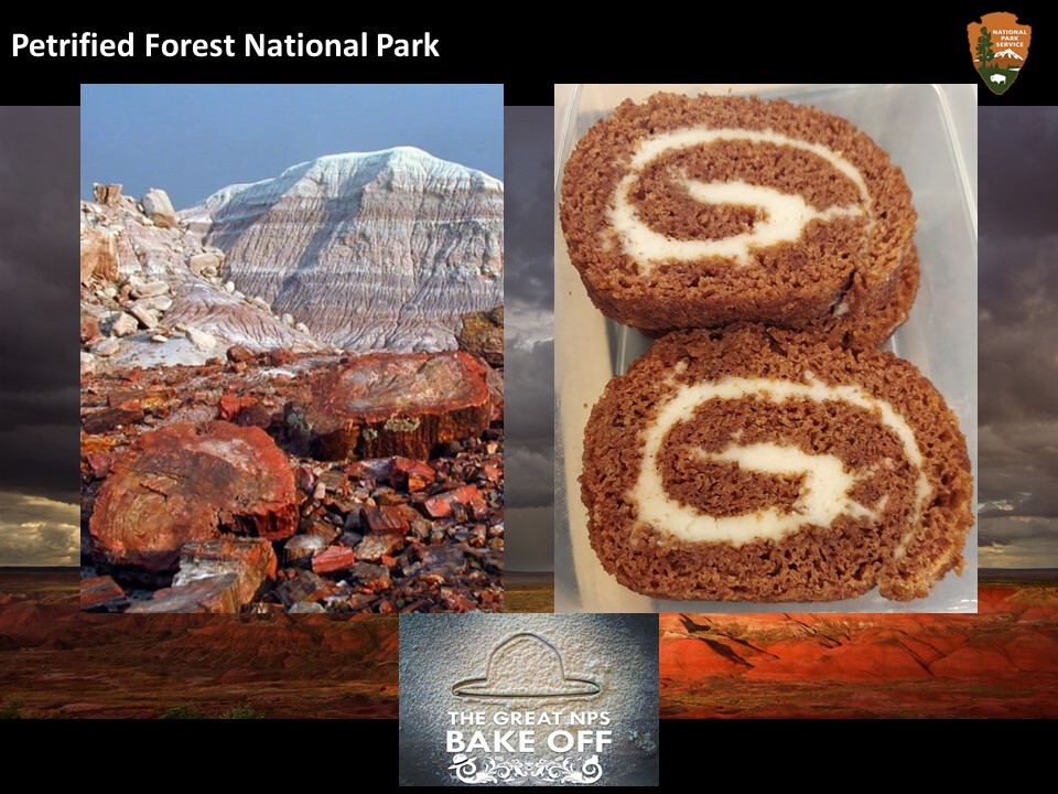 Text on black band on top with arrowhead, insets of two pumpkin and colorful slabs of petrified wood in front of blue and gray badlands with Great NPS Bake Off logo on the bottom.