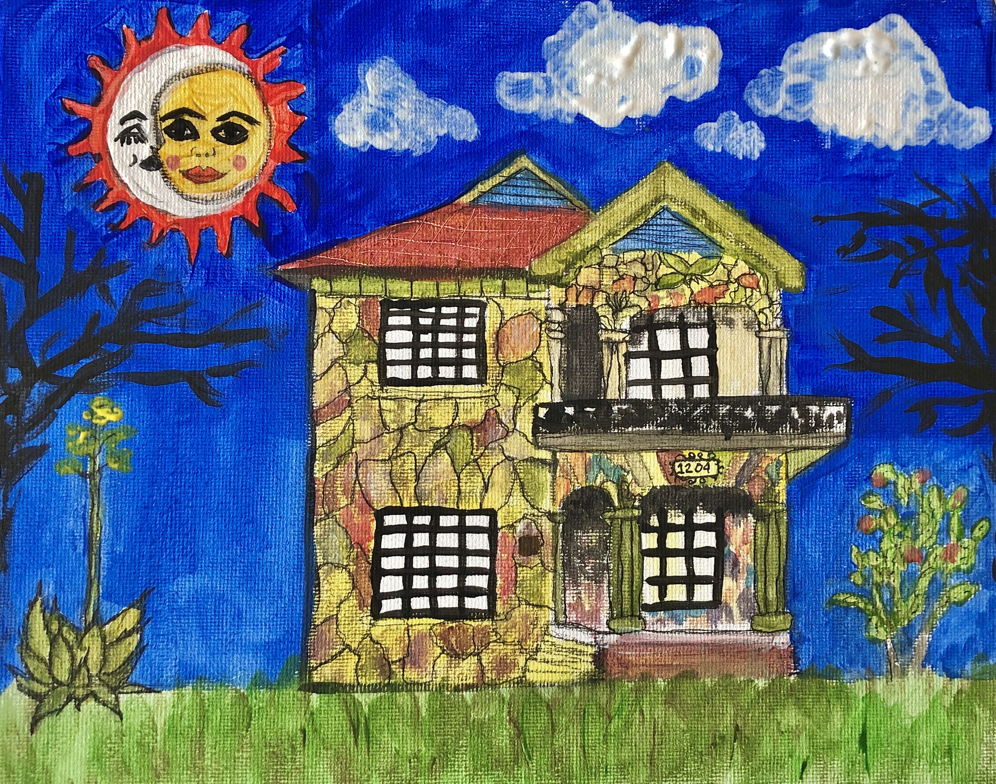 Watercolor painting of a colorful house with rocks of different colors and big windows. There are trees and different vegetation surrounding the house. There is also a sun and moon together, with smiling faces.