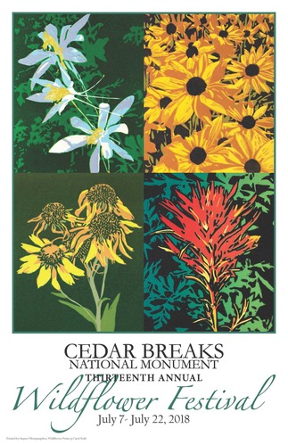 Colorful artist interpretations of white, yellow and red flowers arranged in four blocks with colorful green foliage in the background. 