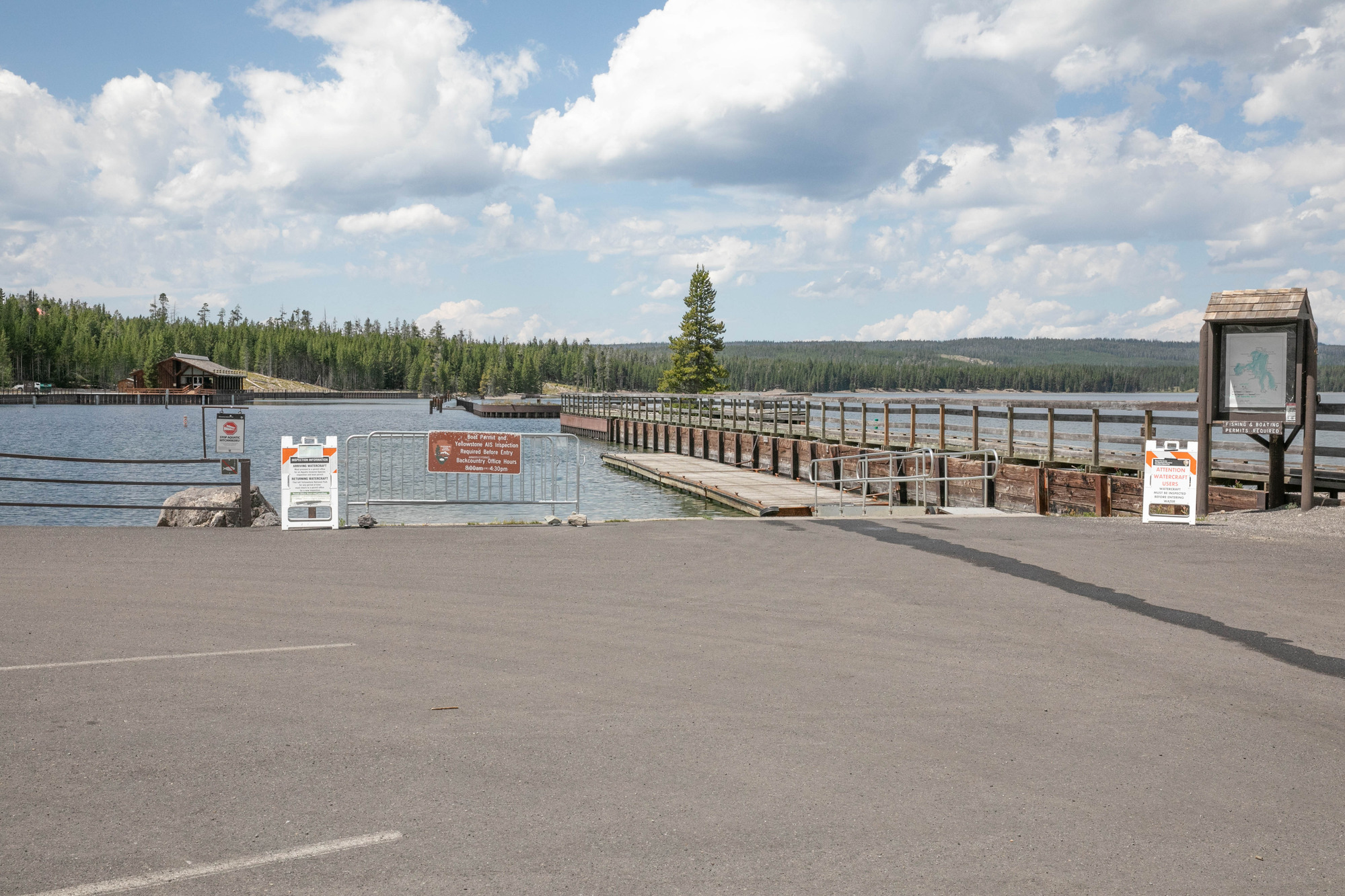 A boat ramp accesses the water of Yellowstone Lake.