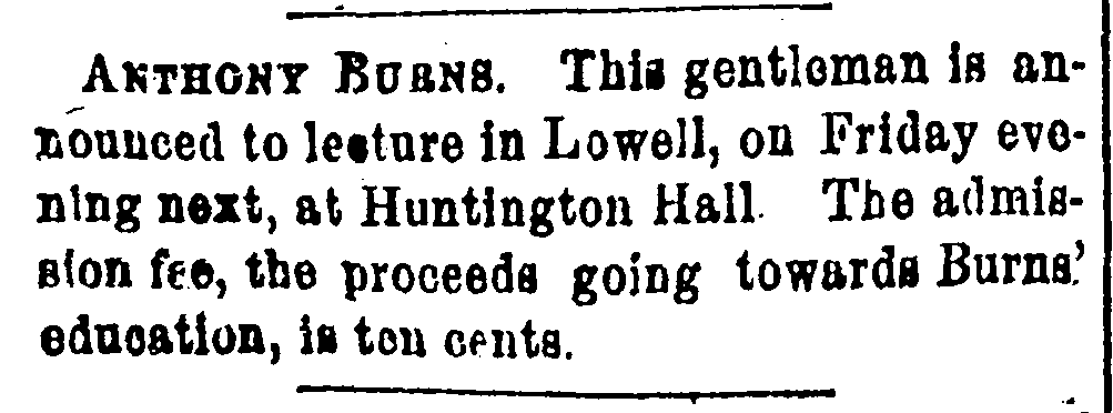 Newspaper clipping advertising Burns' lecture.