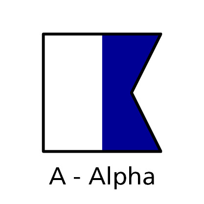 Signal Flag is square but the right side is clipped by a low triangle to form a shallow swallow tail. Left half is white. Right half that is partially clipped is blue. Bottom reads A - Alpha