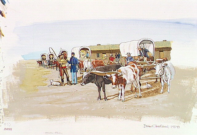 Wagon train waiting at Fort Larned. Fort Larned was a place where settlers and traders could regroup and proceed under army protection along a dangerous portion of the Santa Fe Trail.