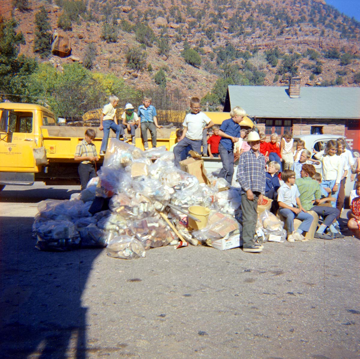 Elementary school group during the 'Litter School' held at the maintenance yard.