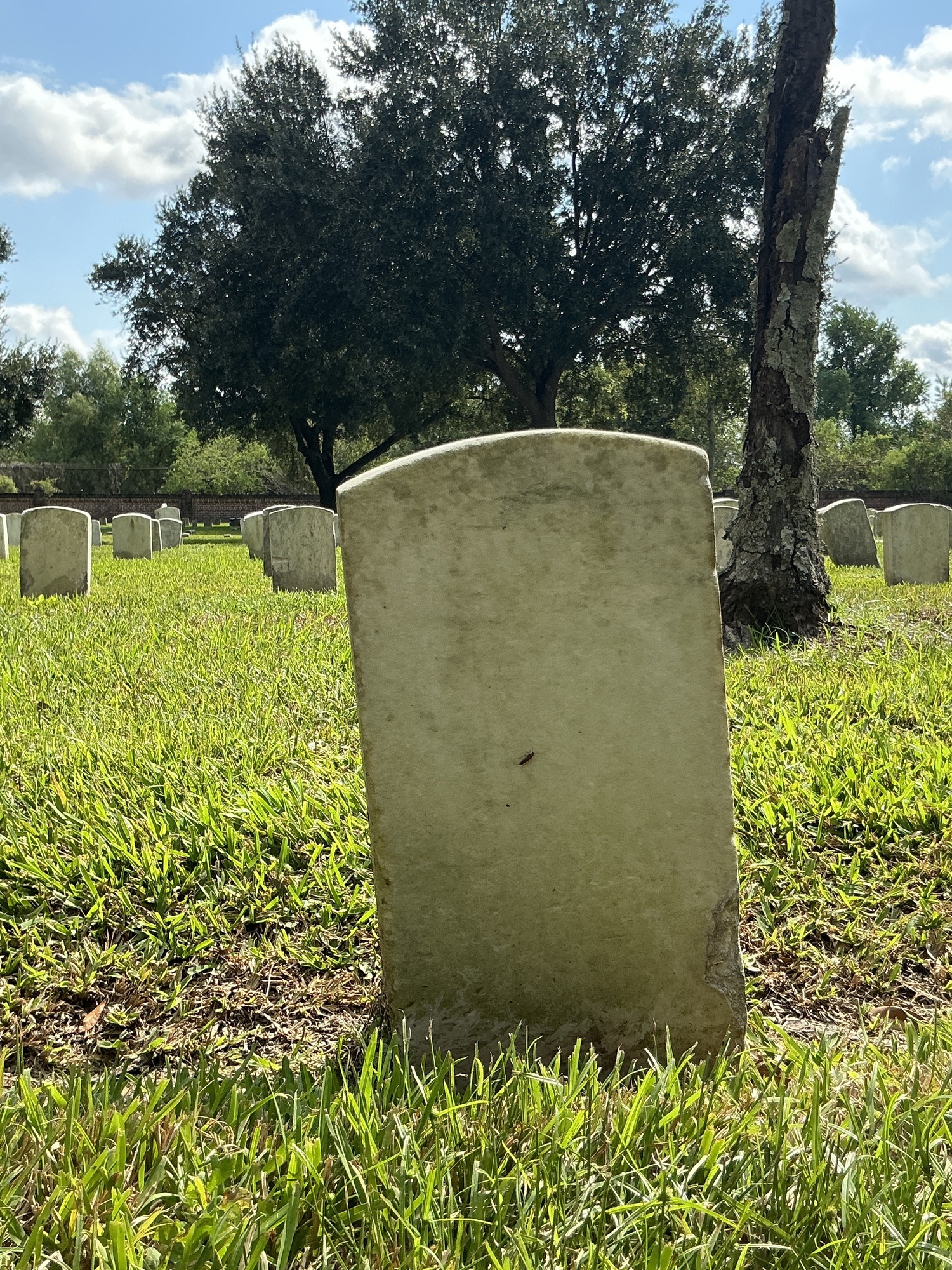 Back of historic upright marble headstone with recessed shield face.