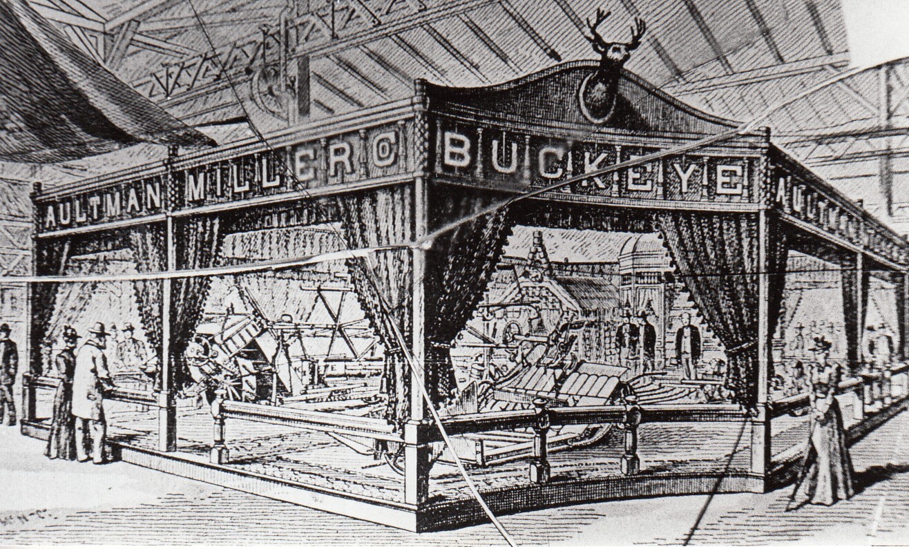 Rendering of Aultman Miller Co., Lewis Miller's company, showing the reaper manufactured there.