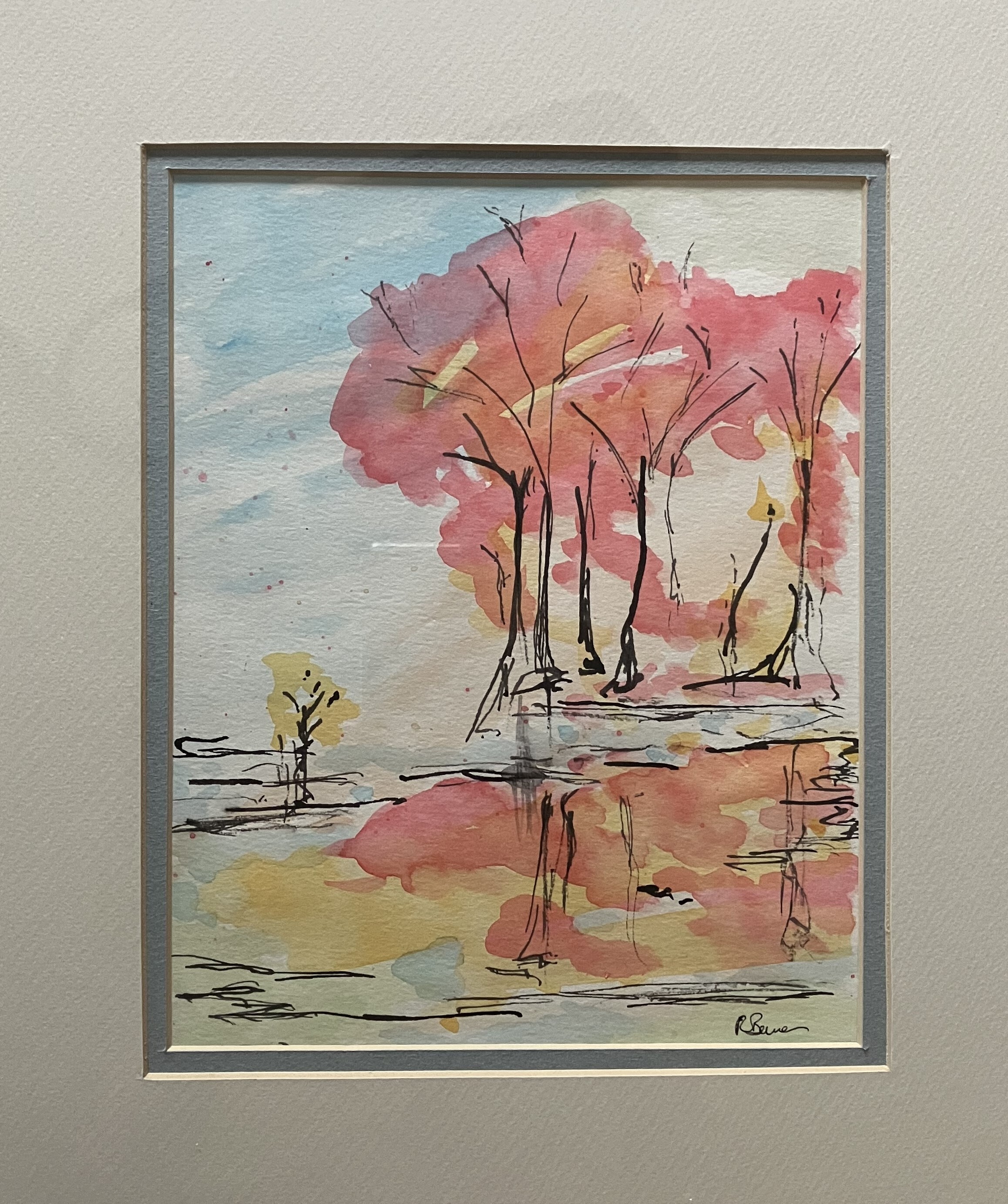A watercolor painting of autumn trees reflecting in a pond