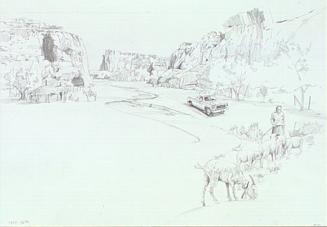 A contemporary Navajo farm in Canyon de Chelly. A pick-up truck, modern hogan, and a typical farm layout are evident.