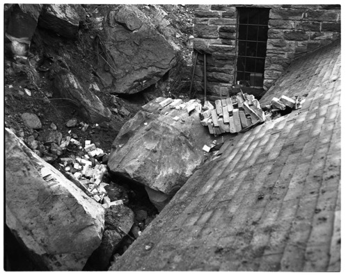 BW photo of rock slide in the maintenance yard.